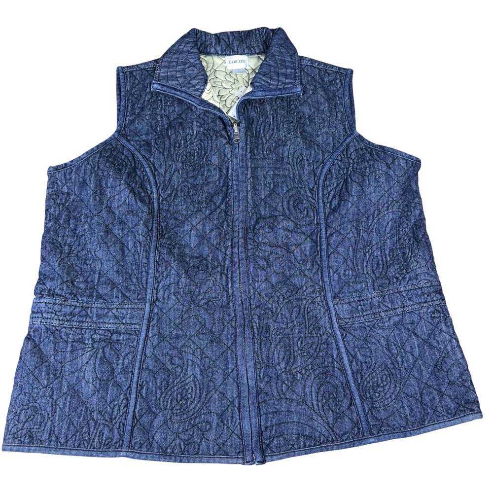 Chico's Reversible Satin Zip Vest Indigo Quilted Paisley Devina NWT Women's 3 XL